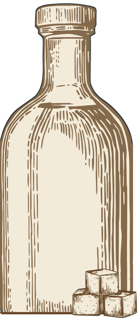 Drawing of a rum bottle beside a stack of sugar cubes